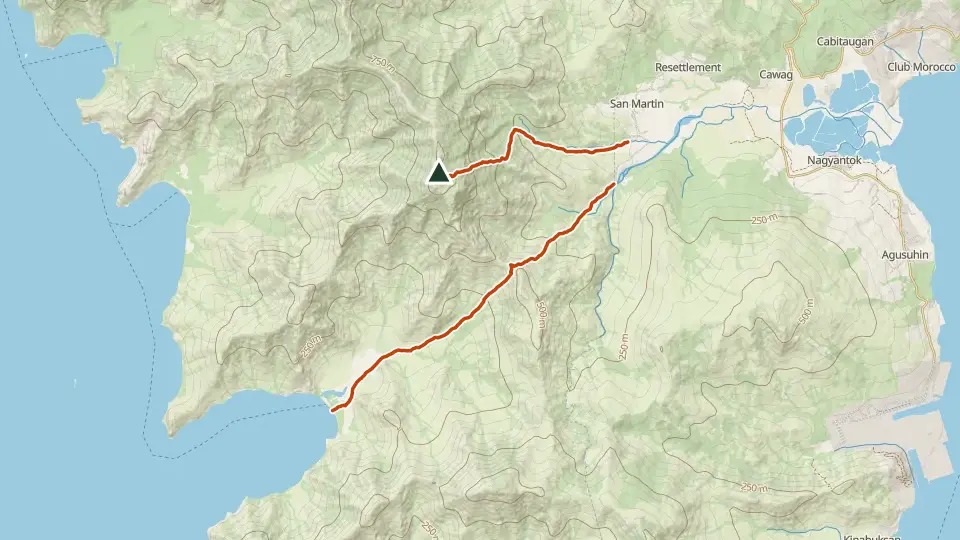 Topographic map of Mt. Balingkilat with its mapped routes in orange and the summit marked