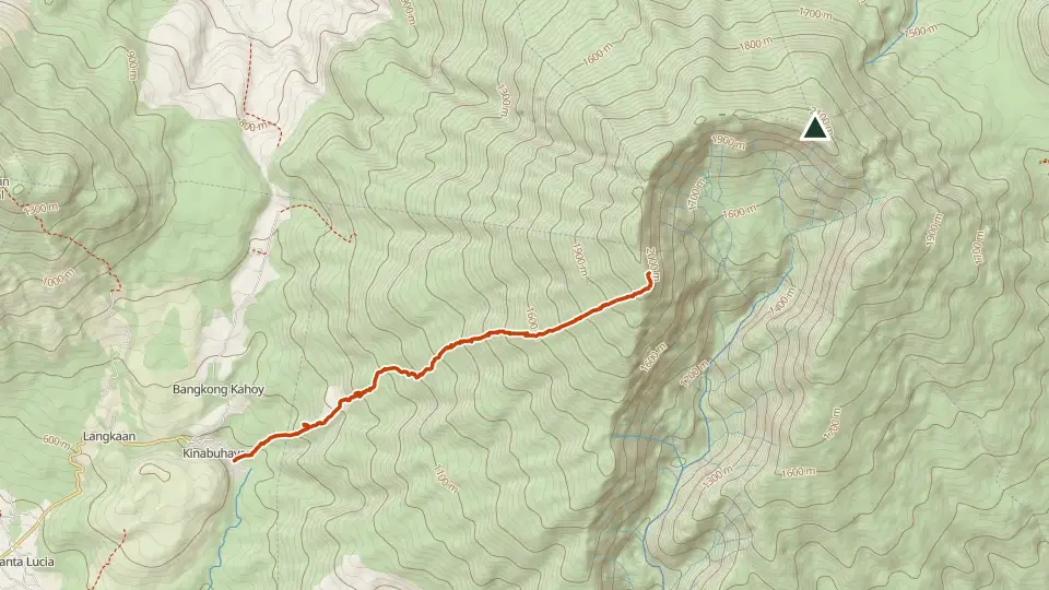 Topographic map of Mt. Banahaw with its mapped routes in orange and the summit marked