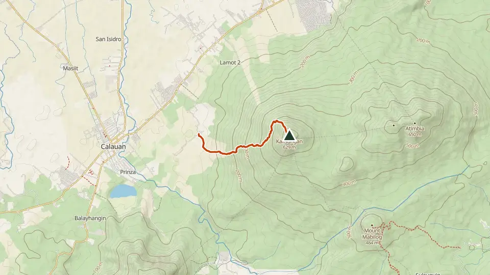 Topographic map of Mt. Kalisungan with its mapped routes in orange and the summit marked