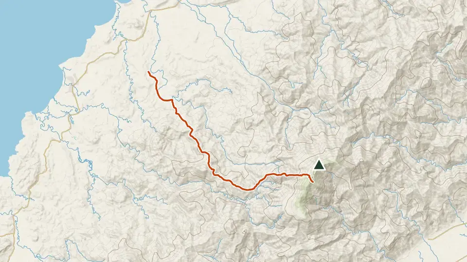 Topographic map of Mt. Mantalingajan with its mapped routes in orange and the summit marked