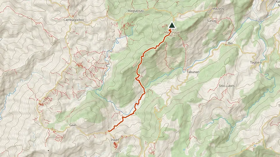 Topographic map of Mt. Manunggal with its mapped routes in orange and the summit marked