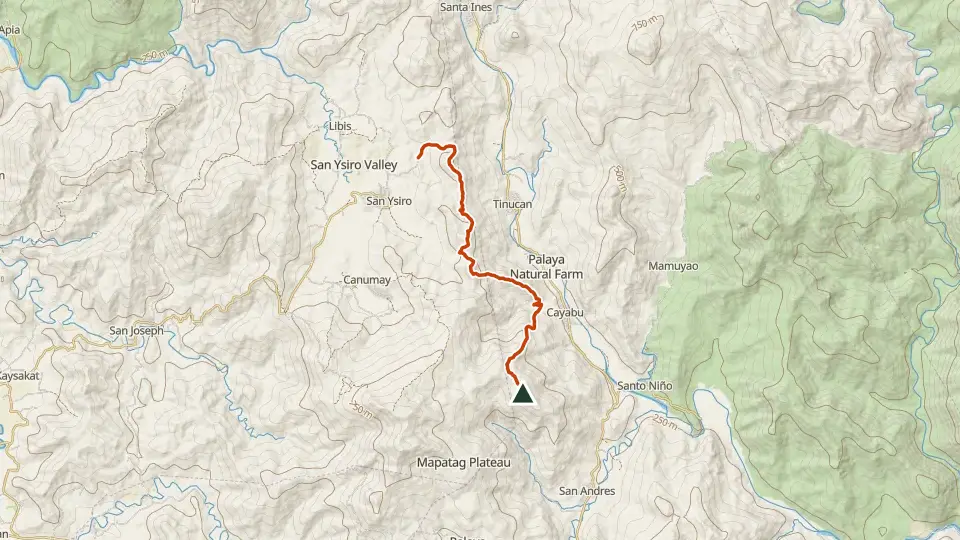 Topographic map of Mt. Maynoba with its mapped routes in orange and the summit marked