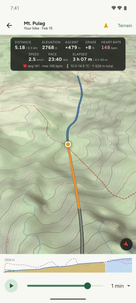 Replay your track over terrain with live pace and HR