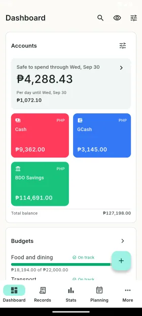 Safe-to-spend, every account and budgets in one view