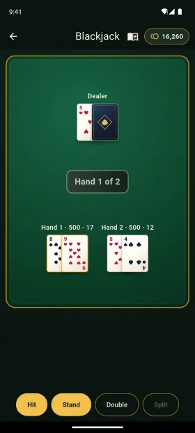Lucky Felt Casino blackjack table with two split hands against the dealer and Hit, Stand and Double controls