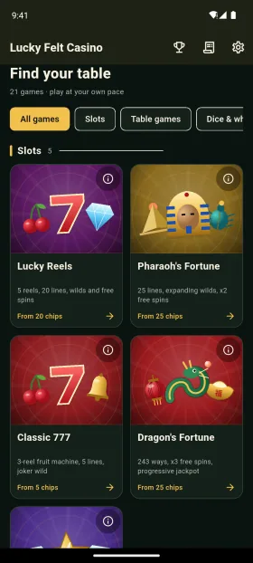 Lucky Felt Casino lobby showing Lucky Reels, Pharaoh's Fortune, Classic 777 and Dragon's Fortune game cards