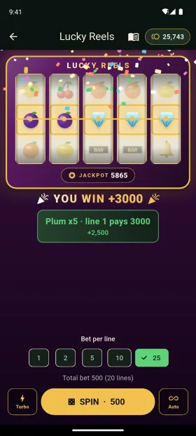 Lucky Reels slot screen showing a 3,000 play-chip win with confetti and five reels