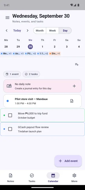 Events and note tasks together on the calendar