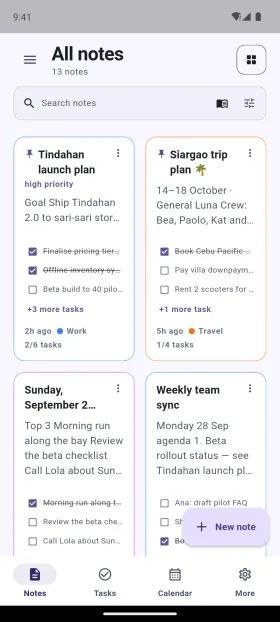 Pinned cards with task progress and notebook colors