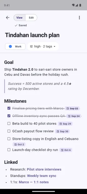 Rich Markdown with headings, quotes and dated checklists