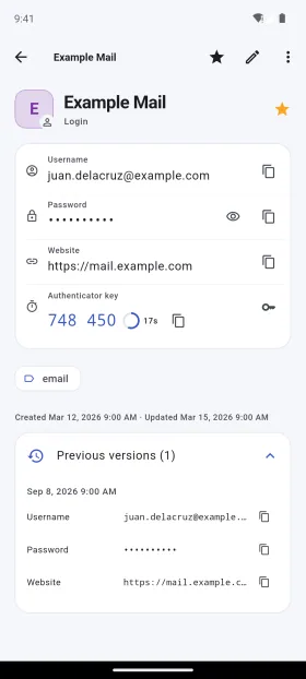 Masked password, live one-time code, earlier versions