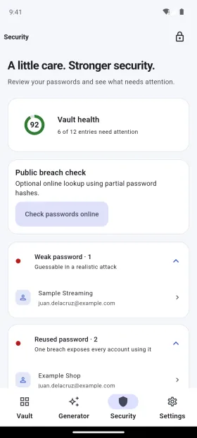 Health score flags weak and reused passwords