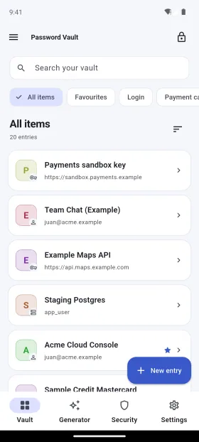 Logins, API keys, servers and cards in one list