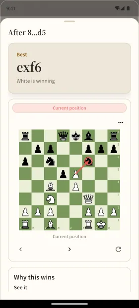 Best move, evaluation and an arrow on the board