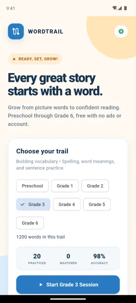 Choose a trail and track words practiced and accuracy