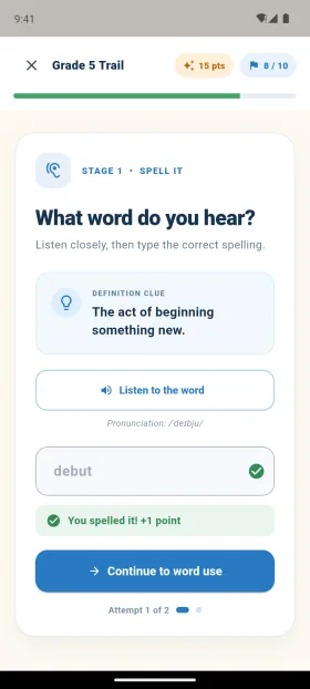Definition clue, pronunciation and instant feedback