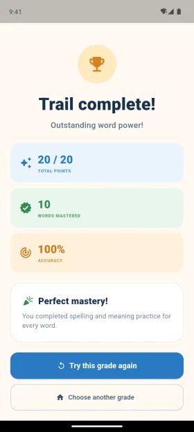 Points, words mastered and accuracy after each session